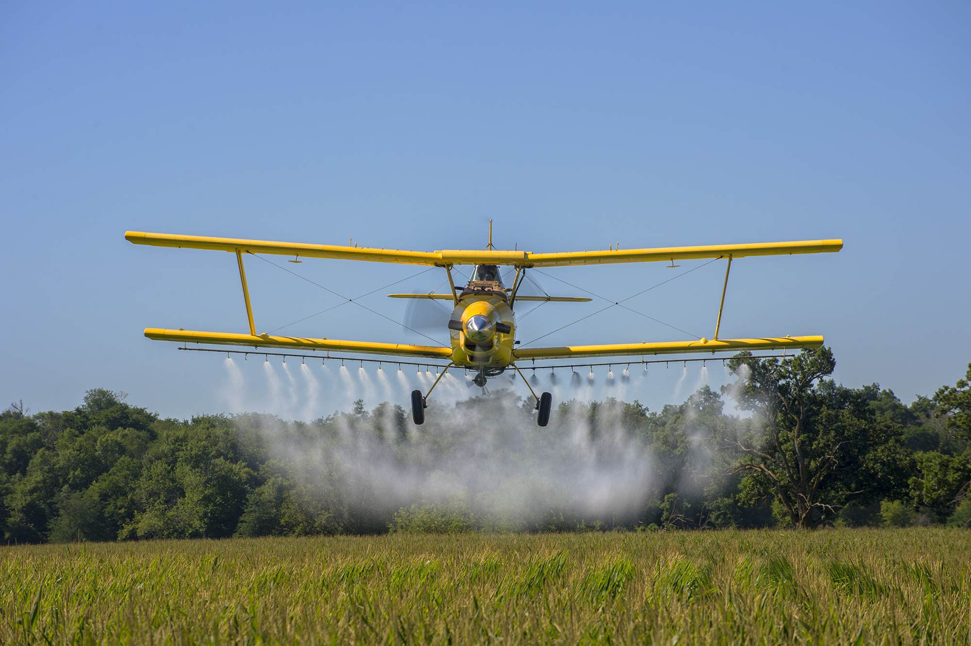 Agriculture 1 A crop duster applies chemicals to a field of vegetation.