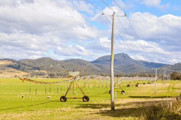 Irrigation system on farm with power pole
